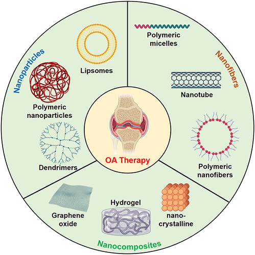 Figure 1 The application of nanotechnology-boosted biomaterials in OA therapy. Created with MedPeer (https://www.medpeer.cn).