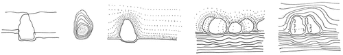 Figure 2. Schronienia [shelters], graphics: layouts of the sculpture in a natural landscape, 2023, A. Kurkowska.