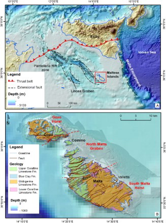 Figure 2. (A) Geographic and tectonic setting of the Maltese archipelago within the Mediterranean Sea. (B) Geological setting of the Maltese Islands and bathymetry surrounding the archipelago (Oil Exploration Directorate, 1993).