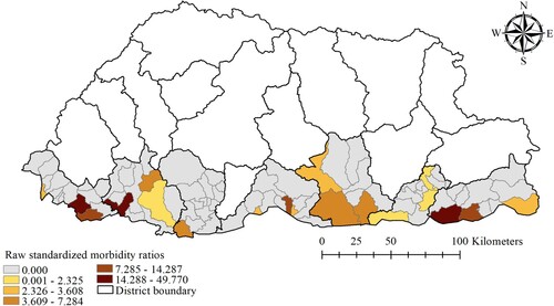 Figure 3. Raw standardized morbidity ratio of dengue by sub-districts in Bhutan, January 2016–June 2019