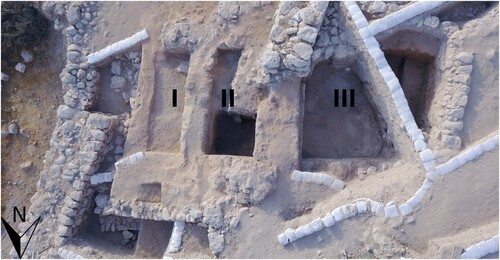 Figure 15. Aerial photograph showing the end of the ‘Revetment’ (Point 1), the later wall (Point 20), and the massive mudbrick citadel with its three rooms (Point 21).