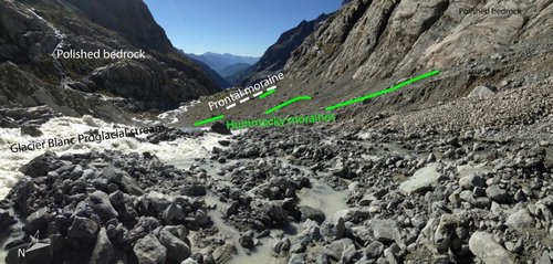 Figure 6. Hummocky terrain in the proglacial area of Glacier Blanc. The hummocky moraines (green) are easily eroded by the proglacial stream. The frontal moraine (white) marks the lower limit of this hummocky area.
