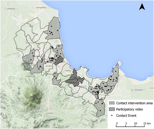Figure 1. Sub-districts where participatory videos were made and contact events were organised (made with Quantum – Geographic Information System ).