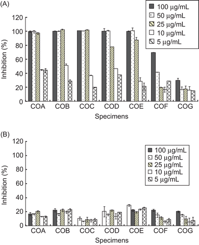 Figure 2.  Effects of (A) essential oils and (B) hot water extracts from C. osmophloeum leaves on nitric oxide production of LPS-stimulated RAW 264.7 macrophage cells. Results are mean ± SD (n = 3).