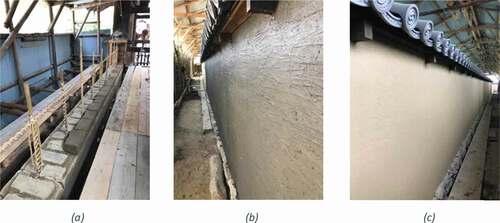 Figure 7. Horyuji perimeter wall replication: (a) shows the laying of freshly made wet adobe bricks. They are being stacked on top of methodically embedded roof tiles; (b) shows the brown coat layer plastered over the bricks after they had dried; (c) shows the finish coat of the professionally built cob perimeter wall. (Photos taken by Miyaoku, J.).