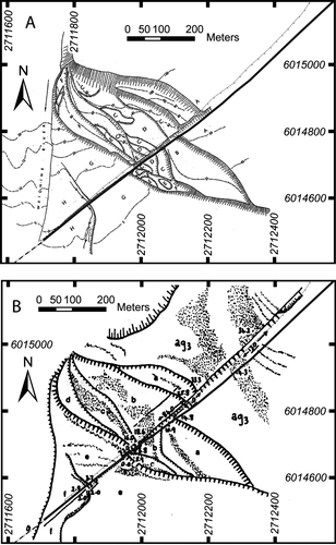 Figure 6  Previous interpretations of the terraces at Waiohine River shown at the same scale. A, Interpretation by Lensen & Vella (Citation1971) and B, interpretation by Grapes & Wellman (Citation1988) including palaeochannels incised into Ag3 (Waiohine surface) displaying c. 130 m dextral displacement. Wairarapa Fault is bold line. Terrace edge/top of fault scarp is fine-toothed line. Coordinates are in NZMG.