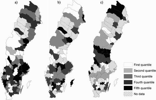 Figure 1. Regional redundancy and absorption capacity quantiles: (a) redundant workers per capita; (b) rate of all redundant workers who become re-employed in t + 1; and (c) who never become re-employed. The darkest shaded areas indicate the top quantile, while the lightest areas indicate the lowest quantile.