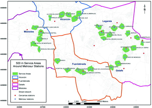 Figure 1. 500 m service areas around Metrosur stations.