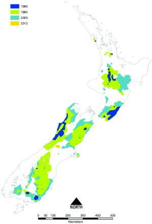 Figure 4. Boundary locations of areas in which tuberculosis (TB) was identified, or was strongly suspected to be present, in possums in New Zealand, showing the maximum size of the areas during 1980 (dark blue), 1994 (green), 2005 (sky blue), and the additional area identified in 2012 (orange). A number of the areas were subsequently declared free of TB or their size was reduced following the eradication of TB from the possum population. These changes are not shown on the map. This Figure uses the 1980 boundary from Figure 3 and then uses additional information compiled by PG Livingstone to define the boundaries for 1994, 2005 and 2012, based on GIS mapping.