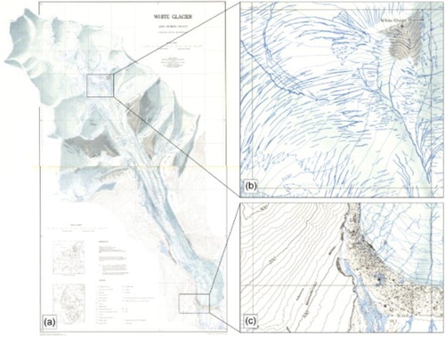 Figure 2. (a) Overview of White Glacier 1:10,000 (CitationHaumann & Honegger, 1964), mapped in 1960 from ground surveys and photogrammetric techniques with examples of (b) detailed glacial features including supraglacial streams, crevasses, and the perennial snowline, and (c) the glacier terminus showing fault lines, proglacial streams and ponds, moraine and surface debris material, and survey cairns. Grid dimensions are 1 km x 1 km.