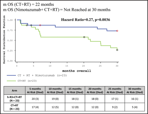 Figure 4 Comparison of overall survival of nimotuzumab + CT + RT and CT + RT arm.