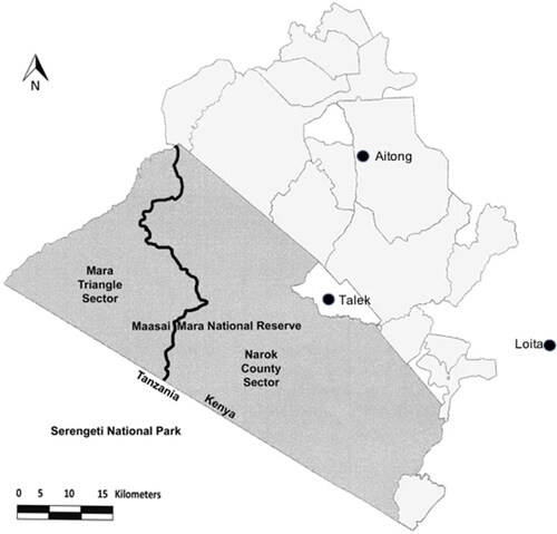 Figure 1. Map of Maasai Mara National Reserve (MMNR), Kenya, and surrounding area. Dark grey shading represents MMNR and light grey shows the surrounding conservancies. Locations of communities included in the study are indicated by black dots.