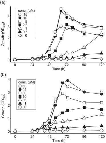 Figure 5. Growth of Methylobacterium sp. OR01 in minimal medium supplemented with various concentrations of pantothenate or β-alanine.Methylobacterium sp. OR01 was cultivated in MM containing 0.5% methanol as the carbon source supplemented with (a) pantothenate and (b) β-alanine. Each concentration of pantothenate and β-alanine is indicated within the graphs.