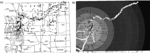 Figure 1 (a) Permitted aggregate mines by the CDMG in northeastern Colorado and (b) permitted aggregate mines within 3.2 km (2 miles) of the South Platte River.