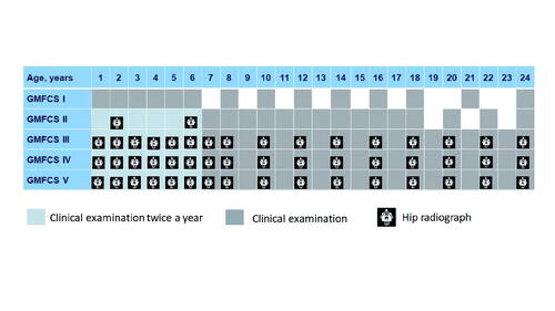 Figure 1. Guidelines for clinical examination and hip radiograph within the Swedish Cerebral Palsy Follow-up Program (CPUP).