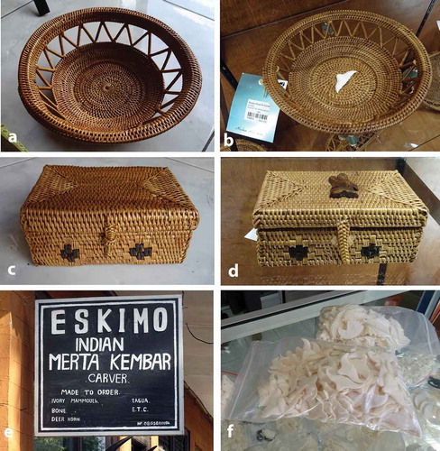 Figure 3. Complexity and value-chains. (a). ‘Fruit basket’ woven of Lygodium circinnatum fibre in Bali for which the weaver gets AU$5. (b). The same basket type embellished by Inuit with a carved whale tail (retail price AU$117). (c). A soap-box-style L. circinnatum basket from Bali. (d). A Balinese basket embellished with a carving of an Inuit. (e). A made-to-order enterprise at a cluster carving Native American and Inuit style carvings in Bali. (f). Bags of carved humpback whale tails and bald eagle heads produced in Bali that are similar to those used to embellish Bali baskets sold in Alaska. Photos: A.B. Cunningham.