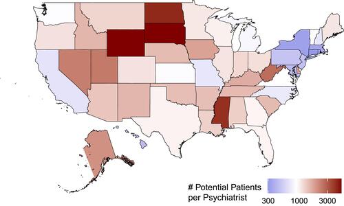 Figure 1 Capacity of the geriatric psychiatry workforce to serve adults aged 65+ with depressive disorders in the US.