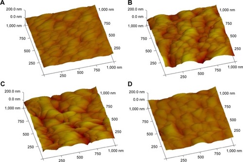 Figure 6 AFM images of the samples.Notes: (A) TiO2, (B) TiO2/C/TiO2, (C) TiO2/C/C/TiO2, and (D) TiO2/C/TiO2/C/TiO2.Abbreviations: AFM, atomic force microscope; TiO2, titanium dioxide.