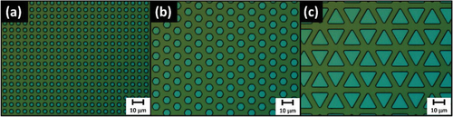 Figure 21. Optical microscopic images of SiO2 masks such as (a) Square, (b) hexagon, and (c) triangle shapes. (here, the green part is opening). Figures reproduced with permission from Ref. [Citation184], Copyright © 2023, John Wiley and Sons.