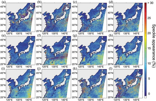 Figure 4. Monthly spatial distribution of speckles during 2015. Colours indicate percentage of speckle appearances when the SPM concentration data were obtained. (a) January, (b) February, (c) March, (d) April, (e) May, (f) June, (g) July, (h) August, (i) September, (j) October, (k) November, and (l) December.