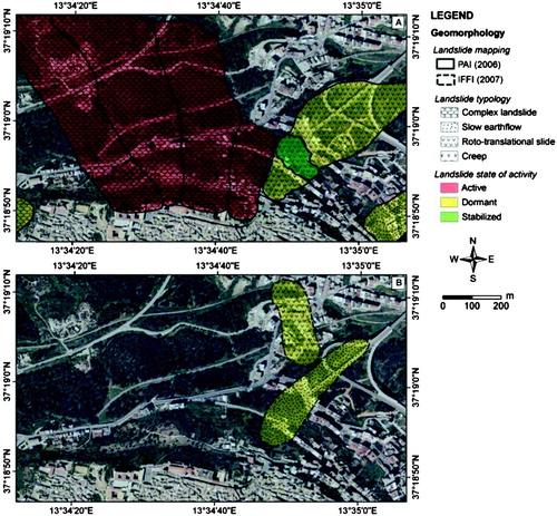 Figure 4. Pre-existing landslide mapping in the north-western sector of Agrigento. (A) PAI (Piano di Assetto Idrogeologico, Hydrogeological Setting Plan; CitationRegione Siciliana, 2006); (B) IFFI (Inventario dei Fenomeni Franosi in Italia, Landslide Inventory in Italy; ISPRA, Citation2007).