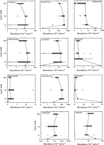 Figure 8.  Vertical distribution of Copepoda families in August 1998. Note different scales. Left-hand graphs: bottom-neutral groups; centre graphs: presumable bottom avoiders; right-hand graphs: presumable bottom associates. The vertical line in the box denotes the median; the boundaries of the box correspond to the 25% and 75% percentiles, respectively, the whiskers extend to the 10% and 90% percentiles. Circles and asterisks denote outliers.