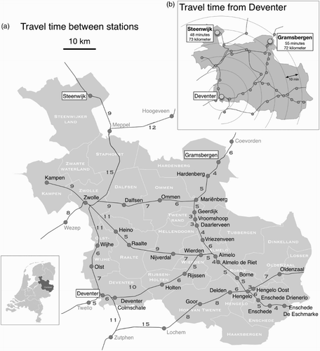 Figure 1. Overijssel's railways. (a): Travel time between the stations. The numbers along the railroad segments show the travelling-times in minutes. (b): A time cartogram showing travelling-times represented by the concentric circles with a 10 minutes interval from Deventer to other destinations in the Overijssel.