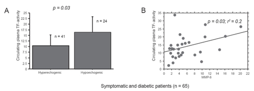 Figure 1 (A) TF activity in plasma samples taken prior to endartrectomy in diabetics and symptomatic patients measured was higher in patients presenting hypoechogenic plaque on ultrasound as compared with patients with hyperechogenic plaque (p = 0.03). (B) On regression plot in the same group of patients there was correlation between TF activity in plasma and intramural levels of MMP-8 (p = 0.03, r2 = 0.2).