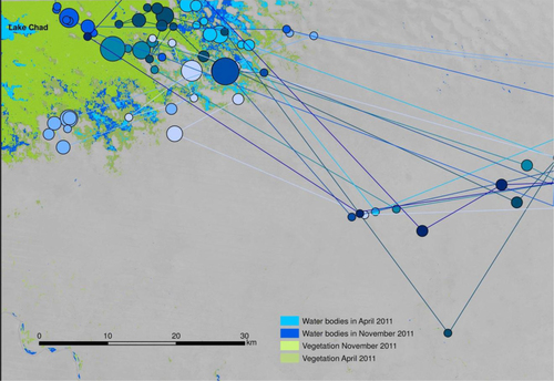 Fig. 6 Movement of Foulbé communities in the study zone. Circle size indicates length of stay in each position. Each colour represents a different community.