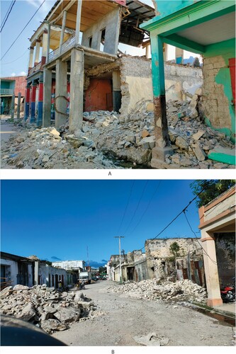 Figure 1. A 2021 post-quake view of streets with damaged houses and other buildings in the city of Jérémie (a) and the city of Les Cayes (b), Haiti. Photographs by authors.