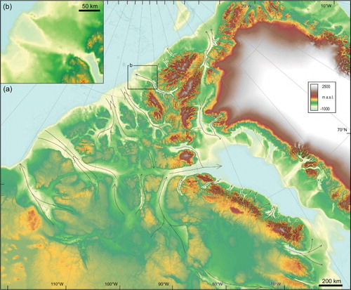 Figure 6. (a) The Canadian Arctic seen in IBCAO topographic data (see Figure 1 for location). Ice streams inferred from wide-scale topography are indicated. Notice the prominent shelf-crossing troughs, overdeepening of some of the channel and fjord floors, as well as sediment bulges (sedimentary depo-centres) built on the edge of the continental shelf. In the case of Nansen Sound (black rectangle), the cross-shelf trough is marked by extensive ridges. See panel (b) for a detail view.