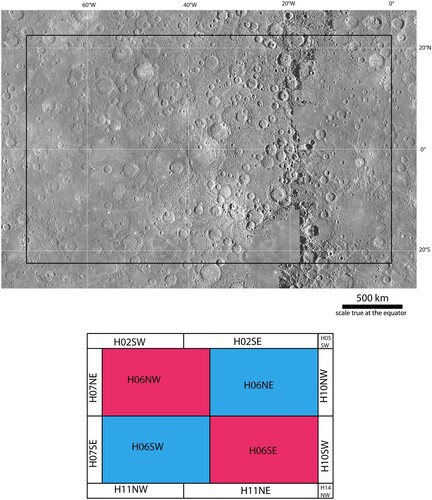 Figure 1. BDR mosaicked basemap of the Kuiper (H06) quadrangle in equirectangular projection with 5° overlap. Black square defines the boundary of the quadrangle. The mosaic includes 14 tiles: 4 for the Kuiper quadrangle and the remaining 10 for the adjacent quadrangles. Notes: Kuiper quadrangle BDR mosaicked basemap used for the mapping and a sketch indicating the mosaic's tales.