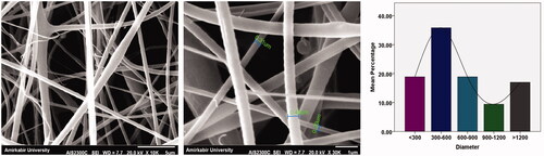 Figure 2. SEM images of PEG/SF fibrous membrane and Mean diameter of PEG/Fibrous membrane.