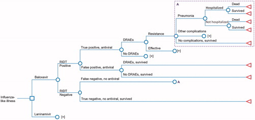 Figure 1. The model structure. The symbol [+] is used to simplify the scheme and to avoid repeating identical sections of the model. Pathways shown above [+] were also applied at the point indicated. Abbreviations. DRAE, Drug-related adverse event; RIDT, Rapid influenza diagnostic test.