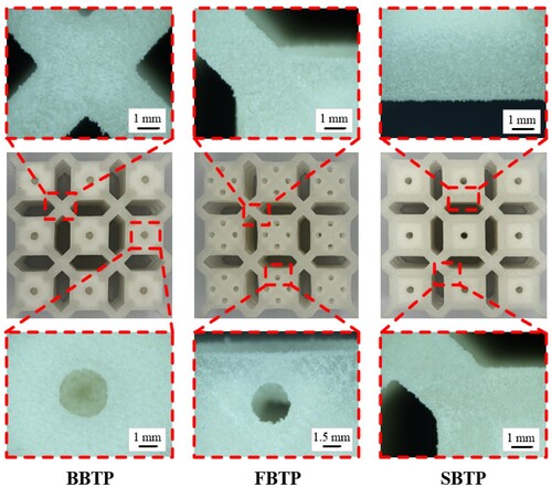 Figure 3. Microscope images of the printed samples of three truss-plate hybrid lattice metamaterials.