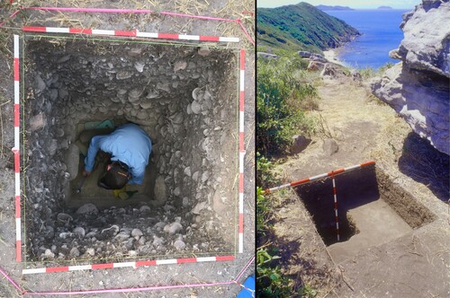 Figure 3. Examples of Great Barrier Reef archaeological sites: (L) South Island Headland Midden, Jiigurru, north Queensland, showing excavations in progress (Photograph: Ian J. McNiven). (R) Completed excavation at Otterbourne Island 4, Shoalwater Bay, central Queensland (Photograph: Ian J. McNiven).