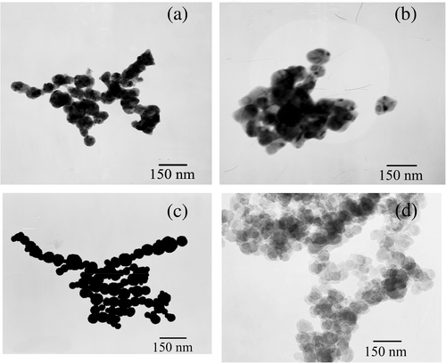 Figure 4. TEM images of Ag products (a) using ammonia to adjust the pH value; (b) dripping rate is 4 mL min−1; (c) the concentration of Ag+ ions is 0.001 mol L−1 and (d) the concentration of Ag+ ions is 1 mol L−1.