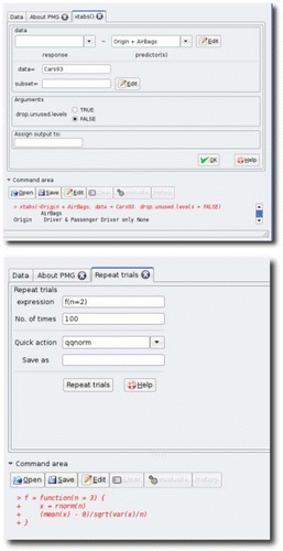 Figure 9: Two dialogs that appear in the notebook. The left graphic shows how cross tabulations using R's model formula syntax can be performed. For the xtabs function both AirBags and Origin are used as “predictors” while the response variable is left empty, as the data has not been previously tabulated. The Repeat trials dialog calls a function to repeat an R expression a specified number of times. In this example, a user-defined function f, defined in the command area, is called 100 times, producing a simulation of the sampling distribution of the t-statistic for 1 degree of freedom. The data produced can be stored, or, as shown, graphed using a Quick action. In this case, the qqnorm function (quantile-normal plot) was entered in.