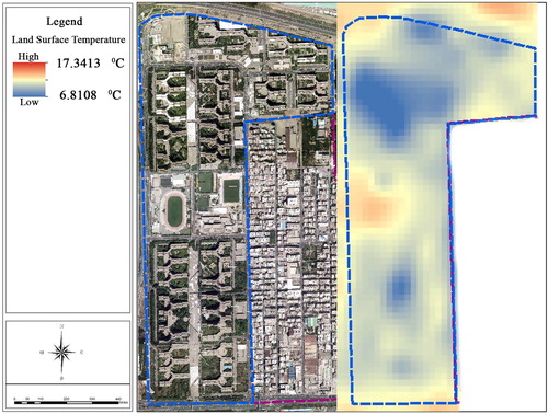 Figure 7. Comparison of LST in the Ekbatan-I neighborhood with aerial images (21 February 2019).