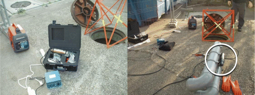 Figure 2. Material used for field experiments in Lyon. Left: sonar equipment; right: the floating El Torpedo with the attached sonar probe (in the middle of the white circle).