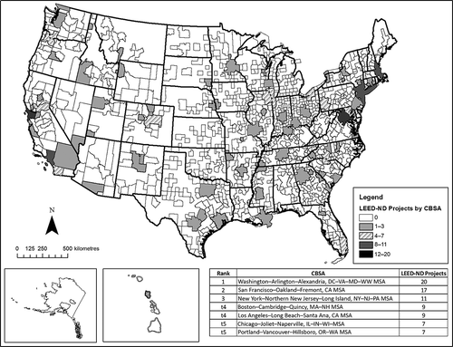 Figure 3. Spatial distribution of LEED®–ND™ projects by Metropolitan Statistical Area.