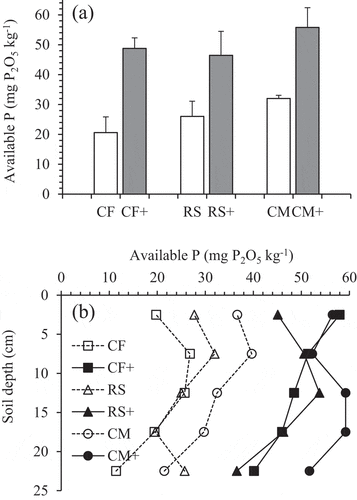Figure 3. Long-term effects of mineral slag additions on the changes in available P at the 0–25 cm soil depth (a) and 5-cm soil depth increments (b). Bars are standard deviation (n = 3).