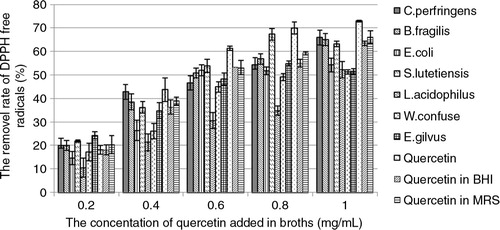 Fig. 3 The removal rate of DPPH free radicals by quercetin and its MSCs from seven bacterial species in broths. The quercetin in BHI and MRS individually refers to the removal rate of DPPH free radicals by BHI and MRS media supplemented with quercetin and incubated for 24 h but without being inoculated with the bacteria.