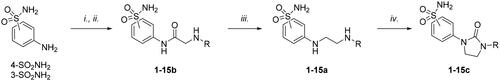 Scheme 1. Synthesis of compounds 1-15a–c. Reagents and conditions: (i) chloroacetyl chloride, dry acetone, N2, 0 °C, 0.5 h; (ii) appropriately substituted aniline, KI, sealed tube, dry THF, N2, 110 °C, 24 h; or 2-amino-6-methylpyridine, dry TEA, abs EtOH, N2, ref., 24 h; or benzylamine, dry TEA, dry ACN, N2, 24 h; or amine, KI, dry THF, N2, 24 h; (iii) 1 M BH3·THF, dry THF, N2, r.t., 24 h; or LiAlH4, dry THF, N2, 0–70 °C, 24 h; (iv). triphosgene, dry TEA, dry THF, N2, r.t., 2 h.