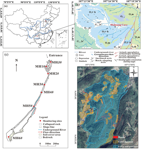 Figure 1. (a) Location of the study area; (b) Hydrogeological map of the study area; (c) Tunnel structure and sampling point distribution of Mahuang Cave; (d) Overlying land use image of Mahuang Cave.
