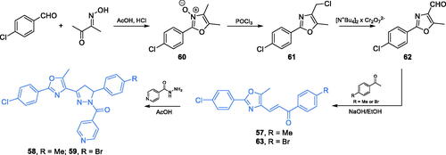 Scheme 14. Synthesis of 1,3-oxazole- and 1,2-diazole-based putative inhibitors of GlcN-6-P synthase, according to Katariya et al.Citation74