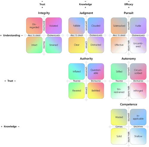 Figure 2. The four principal personal needs of the GP can be combined into two-dimensional projections, each of which corresponds to a ‘second-order’ need: integrity (maintaining certain boundaries against the outside world); judgment (making decisions informed by both facts and moral imperatives); pursuit (being able to effect valued change); authority (receiving recognition for one’s knowledge); autonomy (being free to set professional goals); and competence (being knowledgeable about those matters that one is well suited to handle). Because they share components (principal needs), second-order needs are highly interdependent.