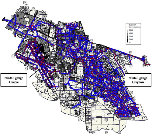 Figure 2. Objects of the catchment sewer system (subcatchments, channels) and rain gauges (existing: Okęcie and Ursynów, virtual – 66 objects) in the SWMM model (source: Barszcz (Citation2018) and re-drawn by author).