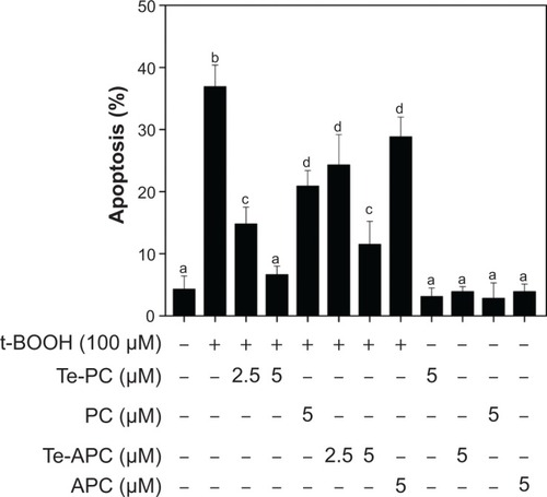 Figure 6 Te-PC, PC, Te-APC, and APC inhibit t-BOOH-induced apoptosis in HepG2 cells.