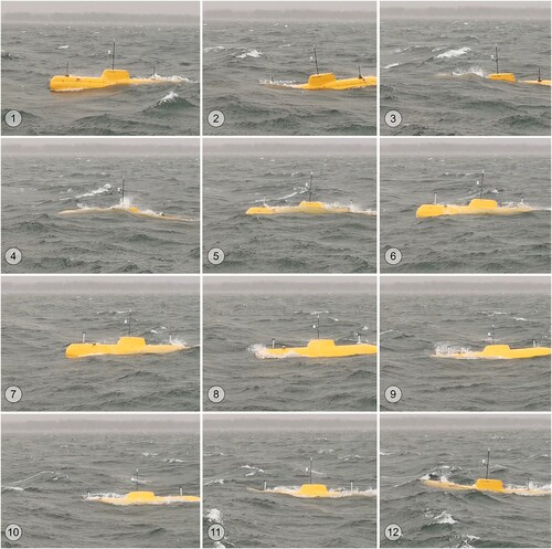 Figure 6. Second model falls over after dynamic emergence in bow-quartering seas with high pitch and heave motions.